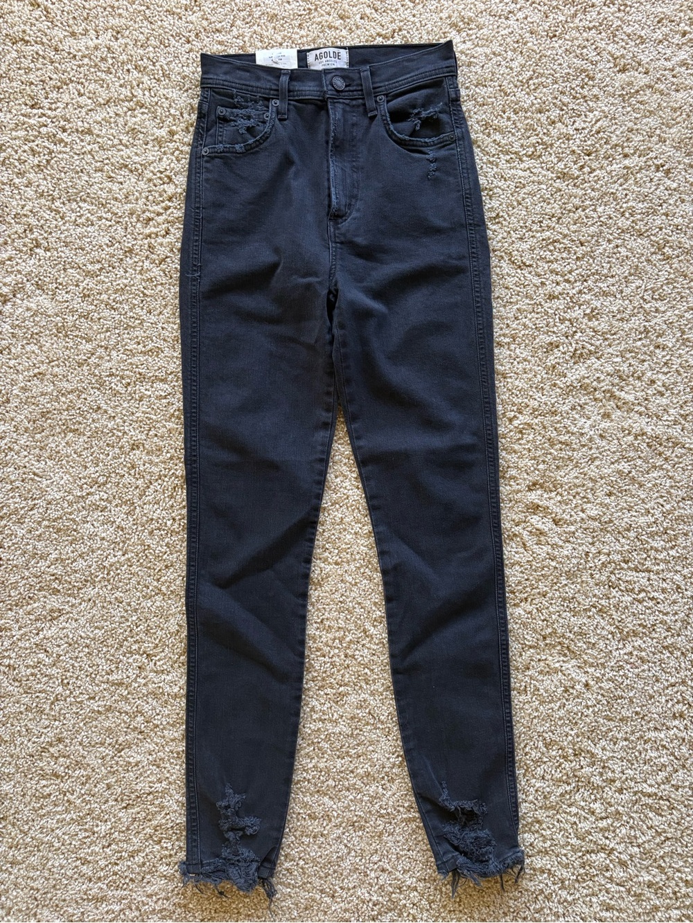 NWT AGOLDE Roxanne Super High Rise Skinny Jeans 24 Proxy Black Distressed A051C